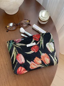 French retro tulip jacquard cosmetic bag large capacity portable makeup storage clutch pouch
