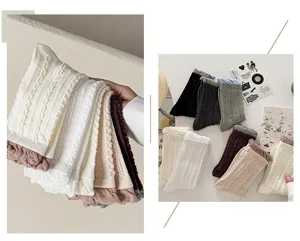 Women's autumn cable knit ruffle mid-calf socks breathable vintage casual hosiery
