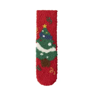 Thickened coral fleece Christmas socks for winter, cozy fuzzy floor socks with tree embroidery.