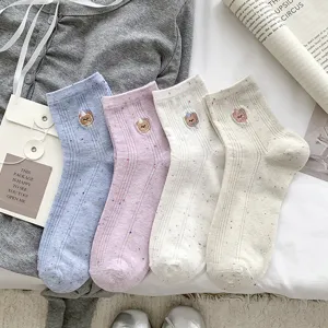 Women's Cute Bear Embroidery Cotton Crew Socks Soft Skin-Friendly Breathable Casual Short Socks Daily Hosiery
