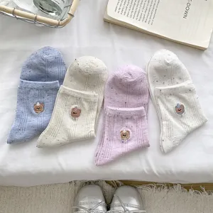 Cute embroidered bear short socks for women, pure cotton speckled yarn casual breathable socks.