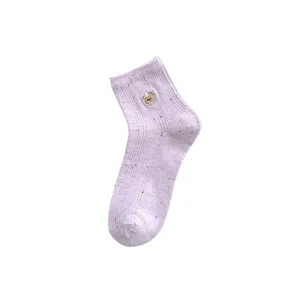 Cute women's cotton crew socks with bear embroidery and colorful speckle yarn design