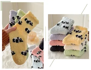 Cozy coral fleece fuzzy winter socks with cute animal print warm home sleep floor socks detail