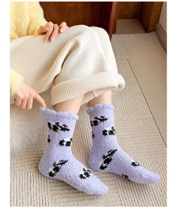 Cozy fuzzy coral fleece socks with cute panda patterns, warm winter floor socks for women.