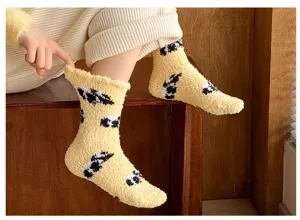 Cute fuzzy yellow panda coral fleece socks for women, thick warm winter home sleep socks.