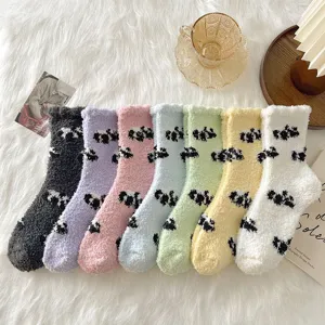 Women's fluffy coral fleece socks warm winter cute panda print thick home floor sleep socks