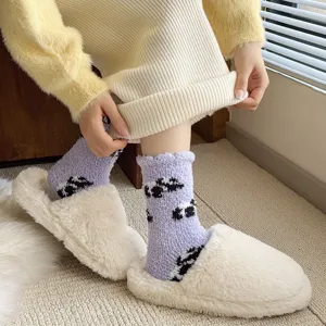 Thickened coral fleece socks for women, cute panda pattern winter warm home floor sleep socks.