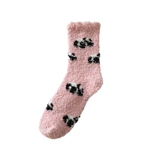 Main image of cute pink panda coral fleece fuzzy socks for women winter warm home floor sleep socks.