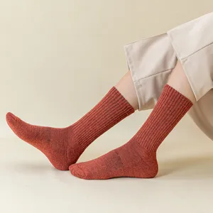 Womens thermal mid-calf ribbed cotton socks, thick winter warm cozy terry crew socks.