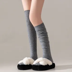 Solid color knitted over-the-knee socks for women, comfortable winter warm wool long stockings.