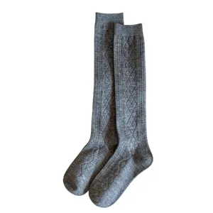 Grey argyle cashmere knee high socks for women, warm winter knitted long stockings.