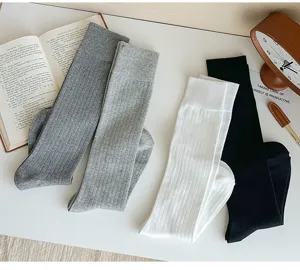 Solid color ribbed knee-high socks for women, spring autumn Japanese JK style long slouch socks.