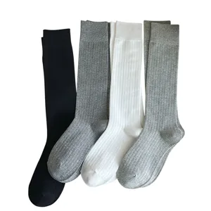 Women solid color ribbed long socks, classic black white grey knee high JK hosiery.