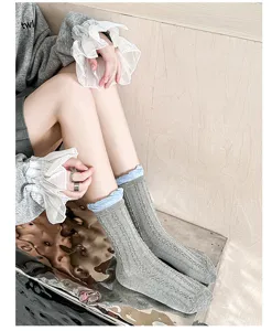 Women grey cable knit mid calf socks ruffled blue trim fashion slouch socks spring autumn