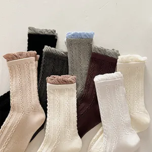 Women Casual Cable Knit Mid Calf Socks Sweet Ruffle Bubble Cuff Cotton Blend Hosiery Retro Loafers Mary Jane Socks