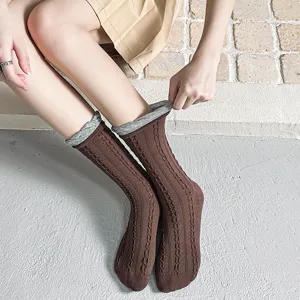 Women brown cable knit mid-calf socks stacked design breathable daily casual wear
