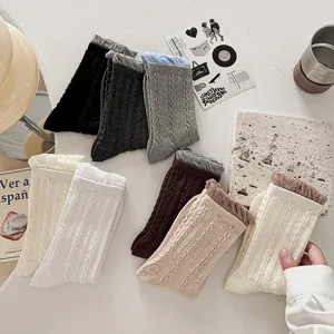 Women ruffle cable knit mid-calf socks retro vintage style casual cotton socks assorted colors