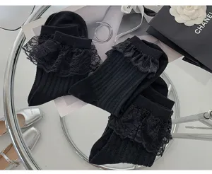 Schwarze Rüschen Spitzen Mittelsocken süße Lolita JK süße Baumwollstrümpfe für Damen Mode neu