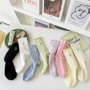 Women cotton mid-calf socks with cute tulip embroidery and sweet lettuce edge design.