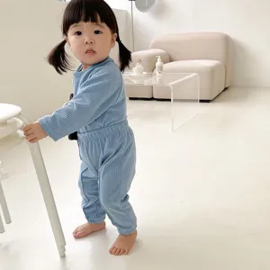 Toddler baby long sleeve ribbed casual two piece set light blue activewear children clothing