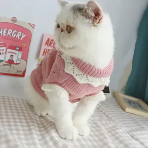 Cute pink pet cat knitted sweater with white lace collar, cozy pet apparel detail view.