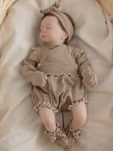 Infant autumn ribbed long sleeve top and high waist shorts set with headband and socks for baby.