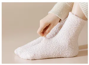 Thick coral fleece plush socks detail view, soft cozy warm winter floor socks for women.