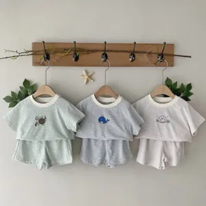 Summer baby short sleeve striped top and shorts two piece set with cute animal prints.
