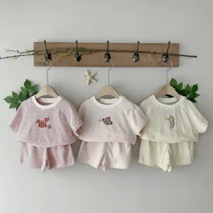 Cute baby summer striped short sleeve shorts set with adorable animal prints, soft and breathable.