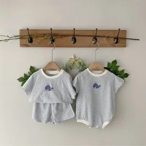Baby summer striped clothing set and romper with cute whale embroidery, soft and breathable.