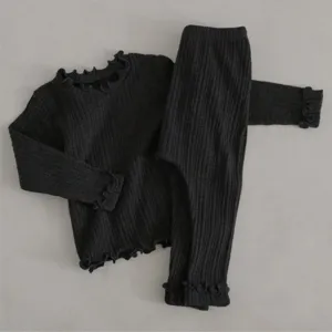 Infant baby girls spring ribbed long sleeve top and pants set dark grey lettuce trim detail