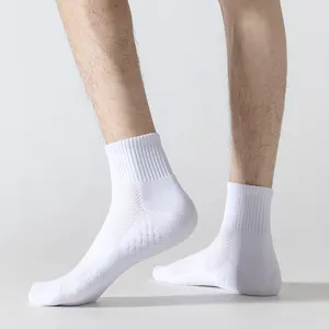 White athletic mid-tube men's socks with towel sole, perfect for running, basketball and daily.