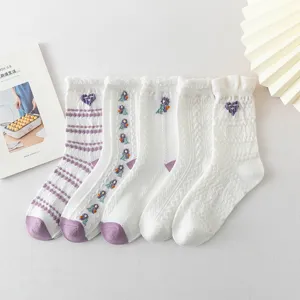 Calcetines de Media Pantorrilla de Algodón Dulce Estilo Japonés JK para Mujer Encaje Boca de Burbuja Bordado Floral Corazón Moda