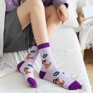 Leuke taro paarse katoenen middelhoge sokken voor dames, schattig berenpatroon dagelijkse mode.