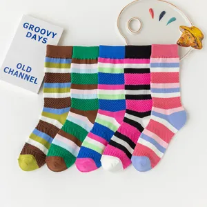 Chaussettes longues tendance pour femmes à rayures arc-en-ciel colorées pour la saison d'automne.