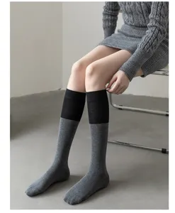 Women color block knee high socks casual black grey calf socks street style fashion hosiery