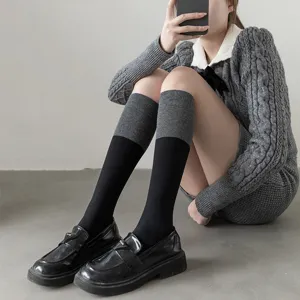 Women knee high socks colorblocked long calf socks grey and black casual fashion hosiery