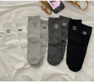 Cute puppy embroidered crew socks in white grey dark grey and black cotton casual socks.