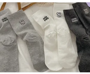 Korean style cute cartoon puppy embroidery crew socks casual daily wear white grey black