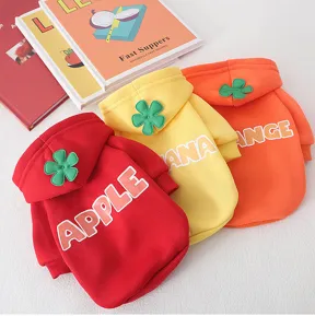 Cute fleece cat hoodie detail, winter warm pet apparel with fruit letter print and hood.