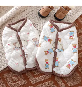Thickened warm small dog vest with cute bear print and D-ring, autumn winter pet clothes.