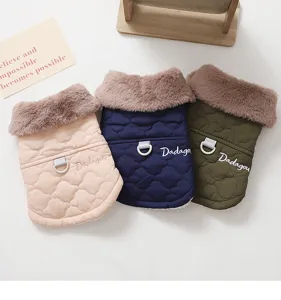 Winter warm dog clothes with plush collar and leash ring, cute pet padded coat in three colors.