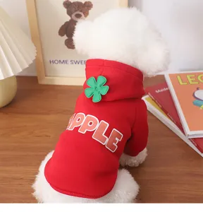 Cute red pet hoodie for dogs and cats, warm fleece dog sweatshirt with clover decor and letter print.