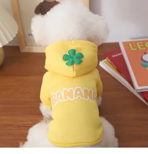 Cute yellow pet hoodie for dogs and cats, warm fleece dog sweatshirt with floral hood design.