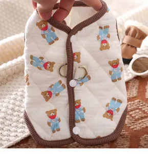 Thickened warm pet dog vest with cute bear pattern, snap buttons and double D-rings.
