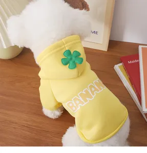 Cute yellow pet hooded sweatshirt with clover design soft warm winter dog cat clothes