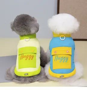 Detailed view of the cute winter dog vest in candy colors with cozy high collar and pockets.