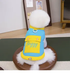 Warm winter puppy vest for small dogs, stylish blue and yellow pet coat with leash ring.