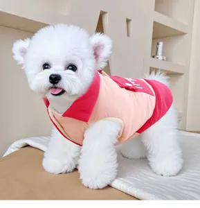 Cute winter pet vest for small dogs, warm candy-colored two-leg puppy clothing detail view.