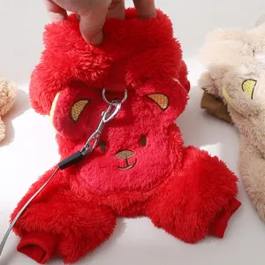 Vêtements pour chiens en polaire rouge avec broderie d'ours et anneau pour l'hiver chaud.
